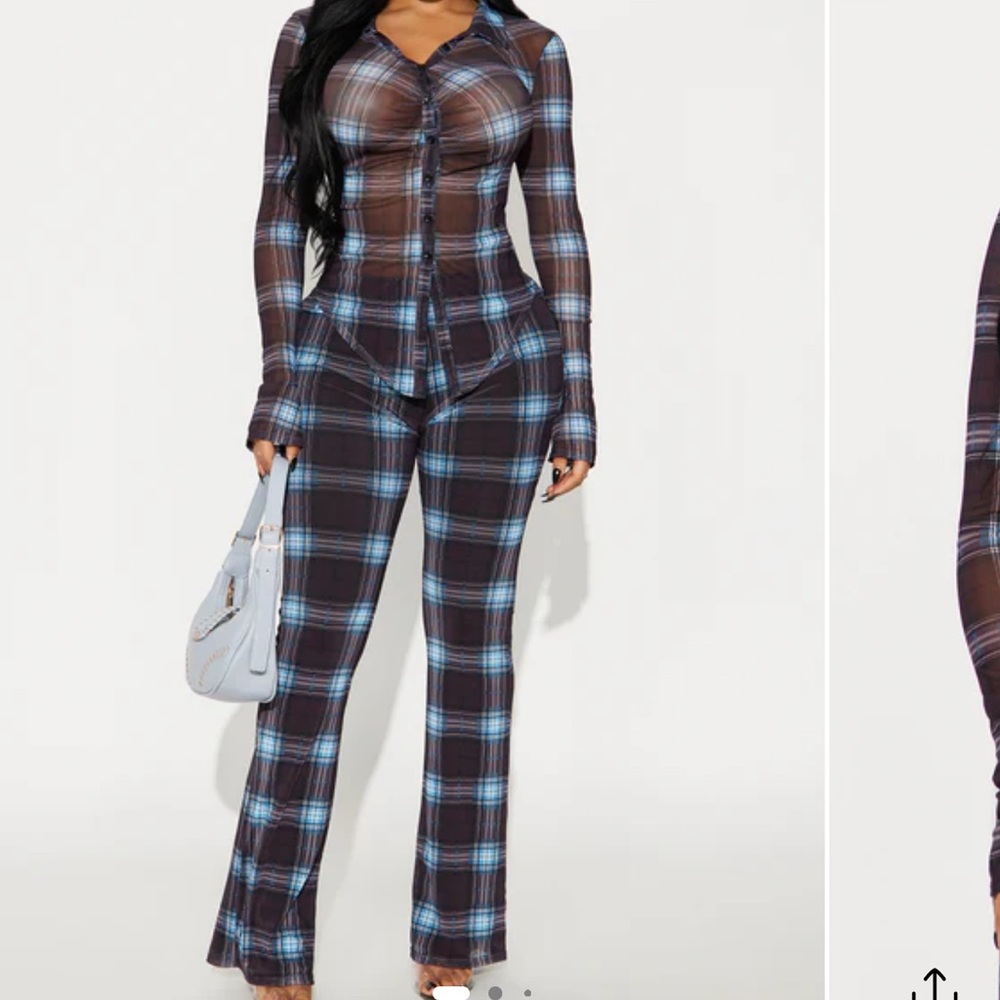 Fashion Nova Blue Plaid Flare Pant Set